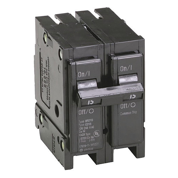 Circuit Breaker, 15 A, 120/240V AC, 2 Pole, Plug In Mounting Style, BR Series