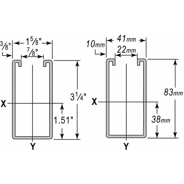 Strut, w/Holes, 304, 1-5/8x3-1/4