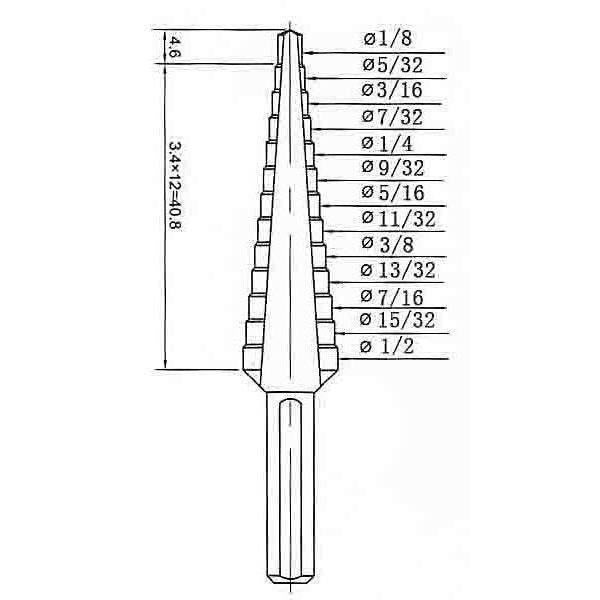 HSS Step Drill Bit 13 Sizes, 1/8-1/2