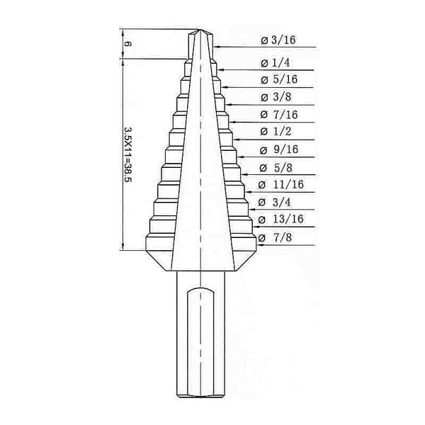 HSS Step Drill Bit 12 Sizes, 3/16-7/8