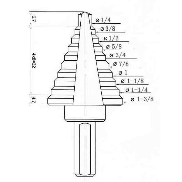 Step Drill Bit, 10 Hole Sizes, 1/4 in to 1-3/8 in, 1/16 in Step Increments, Black Oxide