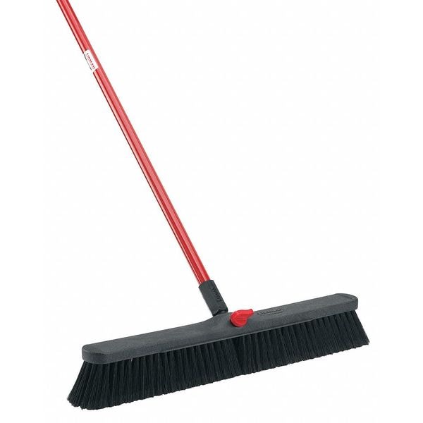 Push Broom, Locking Nut, 60 in L, 24 in Sweep Face, 3 in Black Bristles, Red Handle