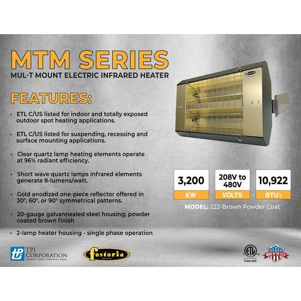 Infrared Quartz Electric Heater, Galvanized Steel, 480 V