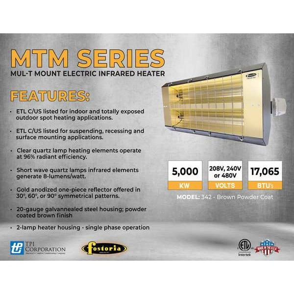 Infrared Quartz Electric Heater, Galvanized Steel, 480 V