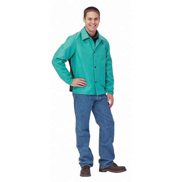 Welding Jacket, Green, Sateen w/Cane Back and Kevlar Thread, S