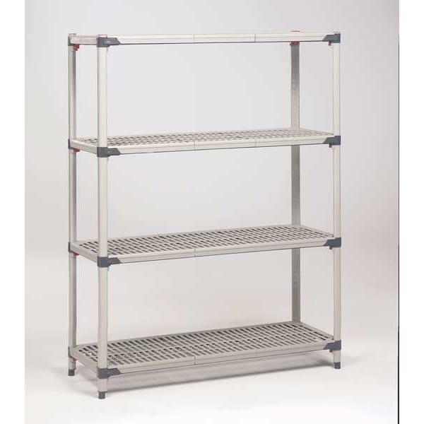 Freestanding Plastic Shelving Unit, Open Style, 18 in D, 36 in W, 63 in H, 4 Shelves, Taupe/Blue
