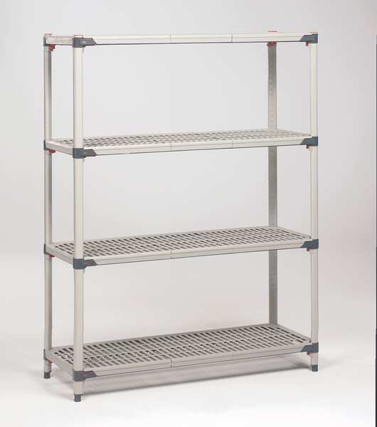 Freestanding Plastic Shelving Unit, Open Style, 24 in D, 72 in W, 63 in H, 4 Shelves, Taupe/Blue