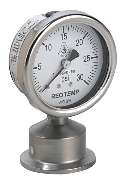 Pressure Gauge, 0 to 30 psi, 1 1/2 in Triclamp, Stainless Steel, Silver