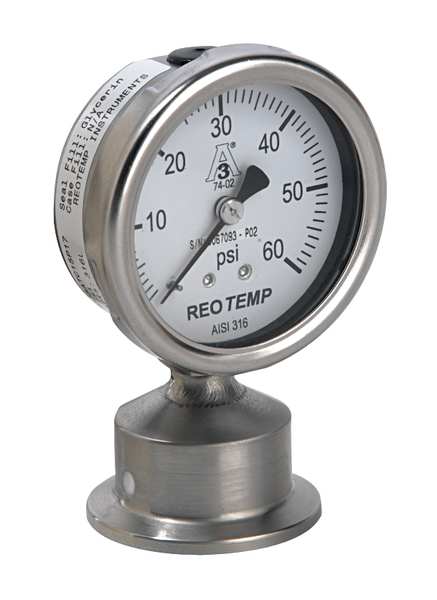 Pressure Gauge, 0 to 100 psi, 1 1/2 in Triclamp, Stainless Steel, Silver