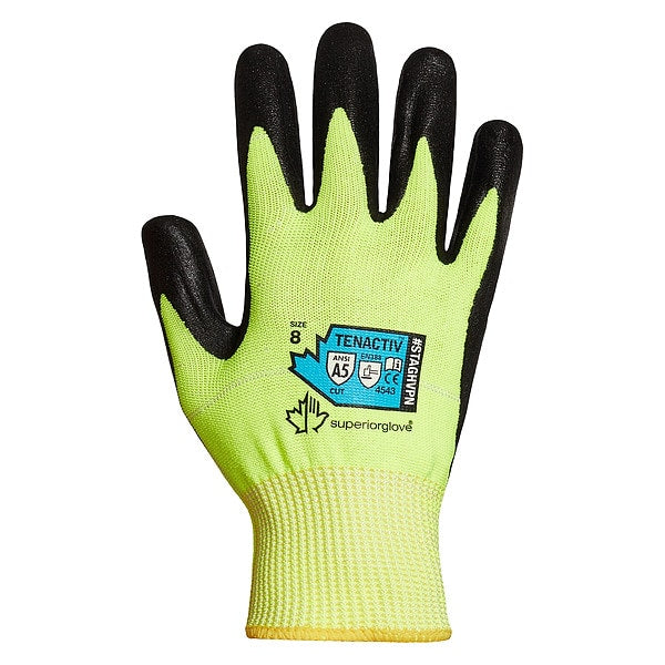 Hi-Vis Cut Resistant Coated Gloves, A5 Cut Level, Nitrile, 12, 1 PR