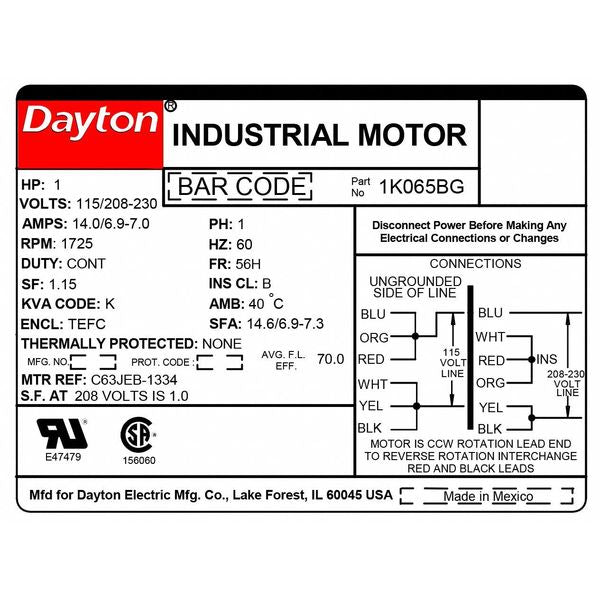 Capacitor-Start General Purpose Motor, 1 HP, 115/208-230V AC Voltage, 56H Frame, 1,725 Nameplate RPM