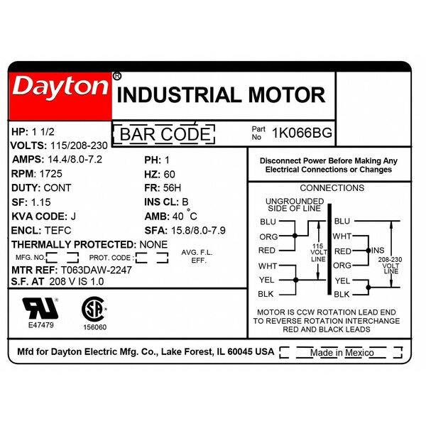 Capacitor-Start/Run General Purpose Motor, 1 1/2 HP, 115/208-230V AC Voltage, 56H Frame