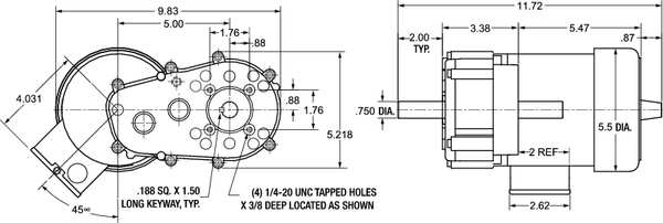 AC Gearmotor, 1,100.0 in-lb Max. Torque, 12 RPM Nameplate RPM, 115/230V AC Voltage, 1 Phase