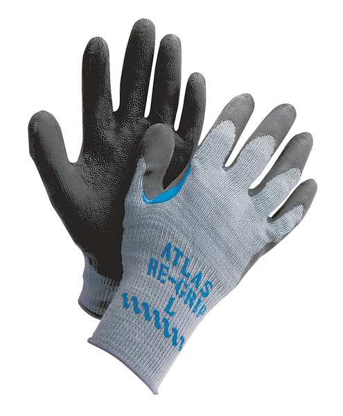 Natural Rubber Latex Coated Gloves, Palm Coverage, Black/Gray, L, PR