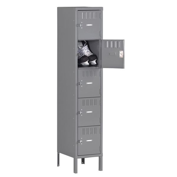 Box Locker, 12 in W, 15 in D, 66 in H, (1) Wide, (5) Openings, Gray
