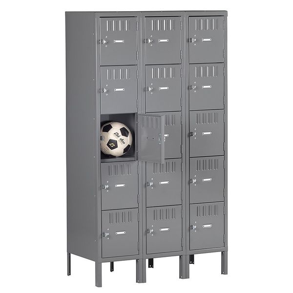 Box Locker, 36 in W, 15 in D, 66 in H, (3) Wide, (15) Openings, Gray