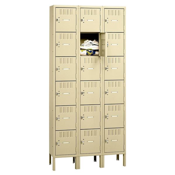 Box Locker, 36 in W, 15 in D, 78 in H, (3) Wide, (18) Openings, Sand