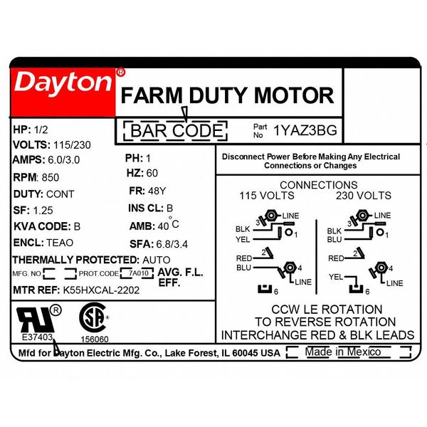 Agricultural Fan Motor, Permanent Split Capacitor, 1/2 HP, 115/230V AC, 850 Nameplate RPM