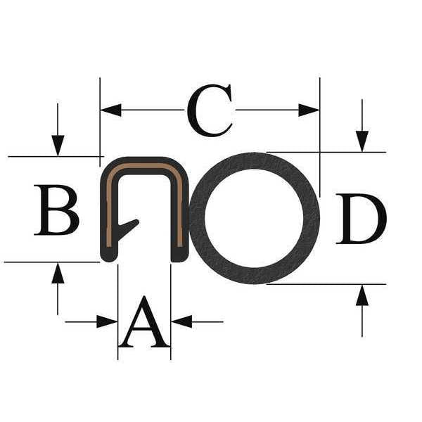 Edge Grip Seal, EPDM, 100 ft Length, 0.7633 in Overall Width, Style: Trim with a Top Bulb