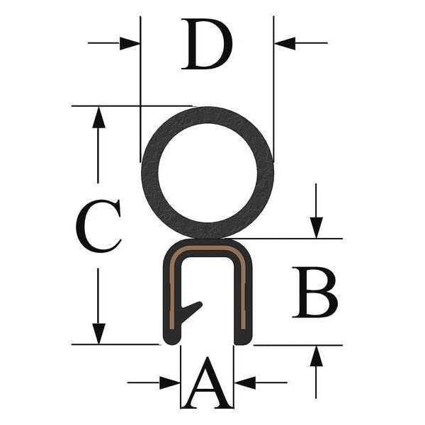 Edge Grip Seal, EPDM, 250 ft Length, 0.375 in Overall Width, Style: Trim with a Side Bulb
