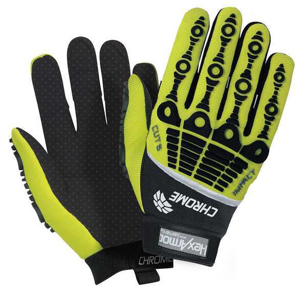 Hi-Vis Cut Resistant Impact Gloves, A8 Cut Level, Uncoated, M, 1 PR