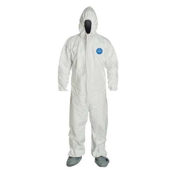 Tyvek 400 Hooded Disposable Coverall, Attached Skid-Resistant Boots, Large, White, 25 Pack