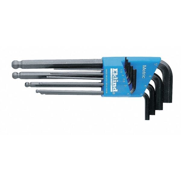 9-Piece Hex Key Set, L, Long, 2 Tips, Metric, Steel, Black Oxide, Plastic Case, 13609