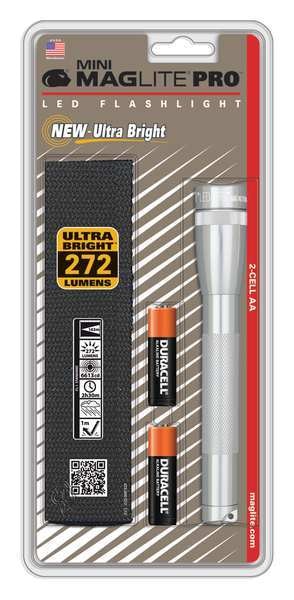 Silver No Led Industrial Handheld Flashlight, Alkaline AA, 332 lm