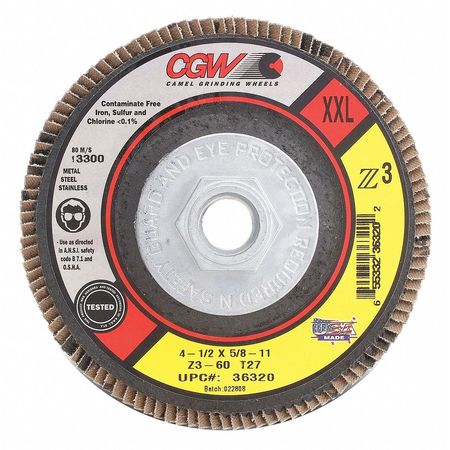 CGW CAMEL GRINDING WHEELS, Flap Disc,4.5x5/8-11,t27,z3,xxl,40g