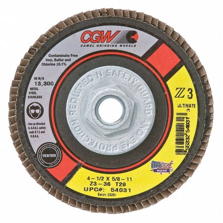 CGW CAMEL GRINDING WHEELS, Flap Disc,4.5x5/8-11,t29,z3,ult,40g