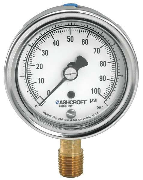 Compound Gauge, -30 to 0 to 15 in Hg/psi, 1/4 in MNPT, Stainless Steel, Silver
