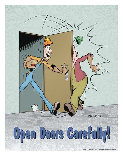 Safety Poster, Open Doors Carefully, ENG