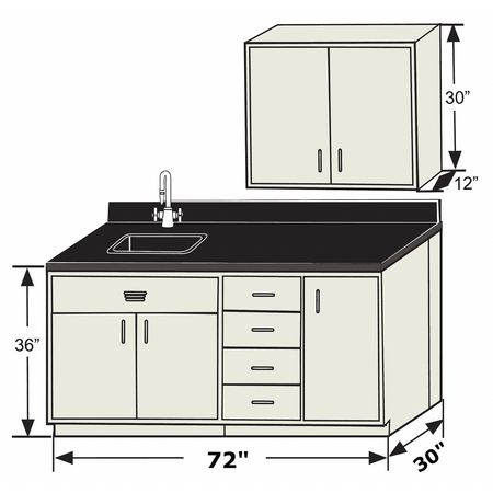 Base Cabinet,5 Doors/4 Drawers,72"w,30"d