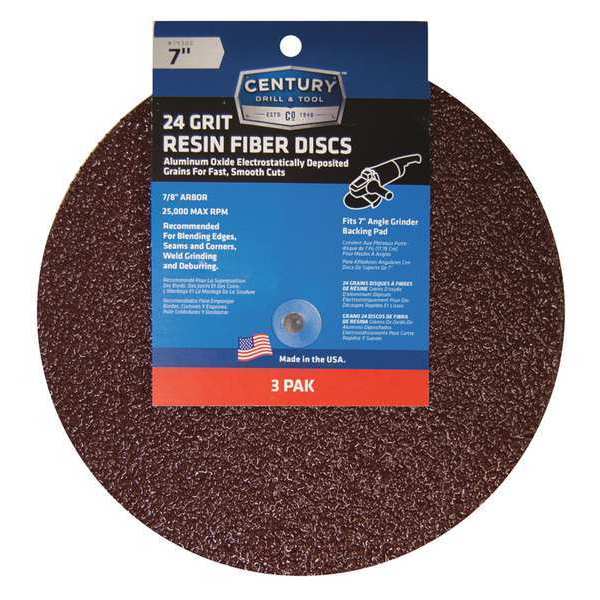Resin Fiber Disc, 7in., 24 Grit, 3Pk