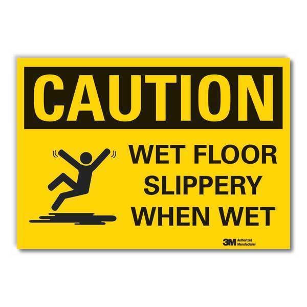 Wet Floor Caution Reflective Label, 7 in Height, 10 in Width, Reflective Sheeting, English