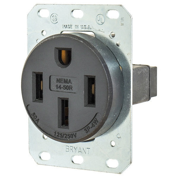 Receptacle, 50 A Amps, 125/250V AC, Flush Mount, Single Outlet, 14-50R, Black