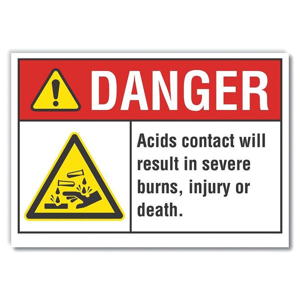 Acid Danger Label, 3 1/2 in H, 5 in W, Polyester, Horizontal Rectangle, English, LCU4-0007-ND_5X3.5