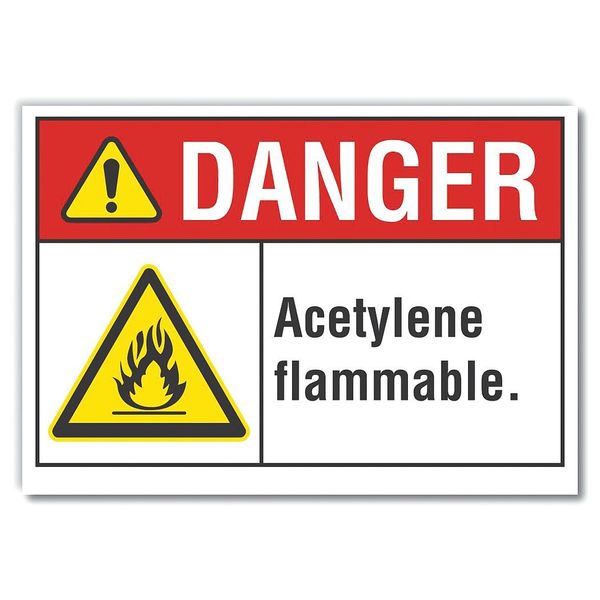 Acetylene Danger Label, 7 in H, 10 in W, Polyester, Vertical Rectangle, English, LCU4-0014-ND_10X7