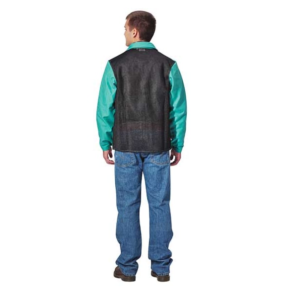 Welding Jacket, Green, Sateen w/Cane Back and Kevlar Thread, S