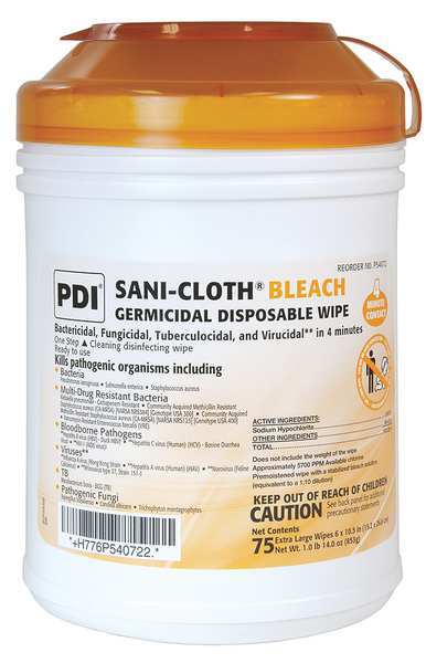 Disinfecting Wipes, White, Canister, 75 Wipes, 6 in x 10-1/2 in, Bleach